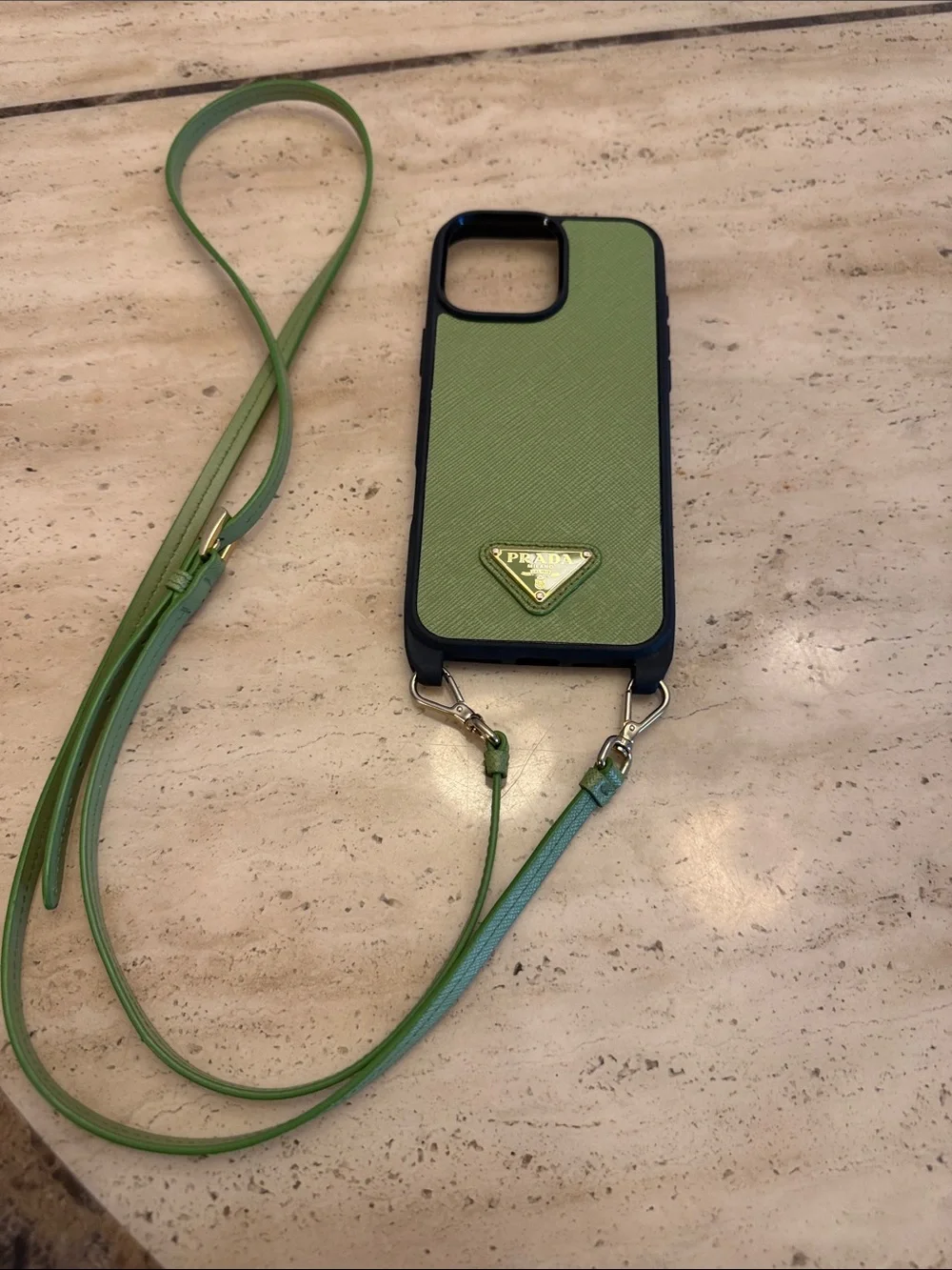 Prada Green Saffiano Leather Crossbody Phone Case with Gold Logo